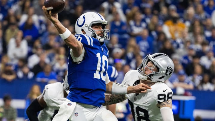 Dec 31, 2023; Indianapolis, Indiana, USA; Indianapolis Colts quarterback Gardner Minshew (10) passes Dec 31, 2023; Indianapolis, Indiana, USA; Indianapolis Colts quarterback Gardner Minshew (10) passes