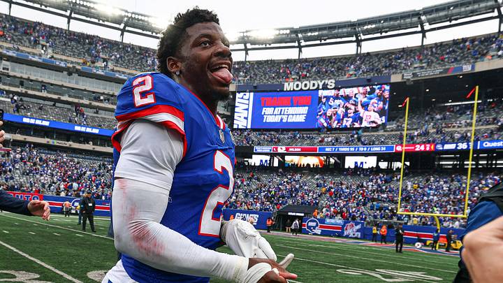 Oct 4, 2026; East Rutherford, New Jersey, USA; New York Giants cornerback Deonte Banks (2) celebrates after the game against the Arizona Cardinals at MetLife Stadium. Oct 4, 2026; East Rutherford, New Jersey, USA; New York Giants cornerback Deonte Banks (2) celebrates after the game against the Arizona Cardinals at MetLife Stadium.