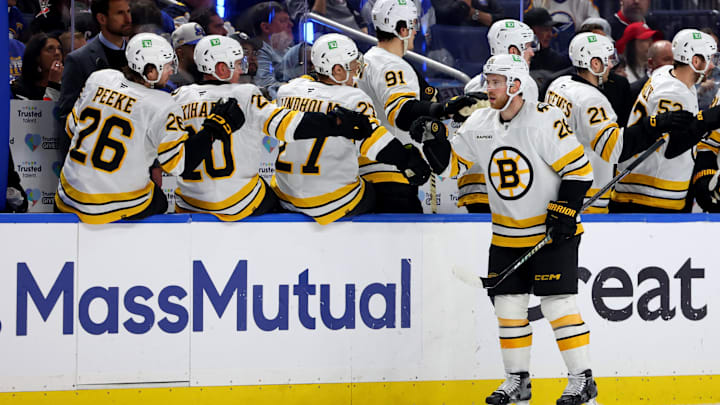 Apr 28, 2026; Buffalo, New York, USA; Boston Bruins center Elias Lindholm (28) celebrates his goal with teammates during the second period against the Buffalo Sabres in game five of the first round of the 2026 Stanley Cup Playoffs at KeyBank Center. Mandatory Credit: Timothy T. Ludwig-Imagn Images