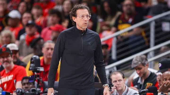 Apr 23, 2026; Atlanta, Georgia, USA; Atlanta Hawks head coach Quin Snyder on the sideline against the New York Knicks in the first quarter during game three of the first round of the 2026 NBA Playoffs at State Farm Arena. Mandatory Credit: Brett Davis-Imagn Images