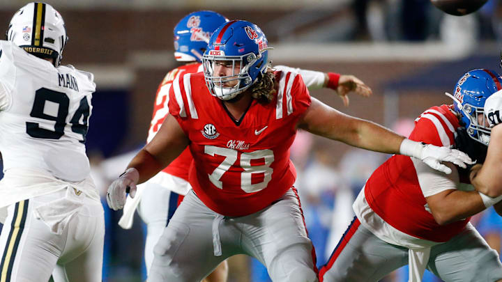Oct 28, 2023; Oxford, Mississippi, USA; Mississippi Rebels offensive linemen Jeremy James (78) blocks during the first half against the Vanderbilt Commodores at Vaught-Hemingway Stadium. Mandatory Credit: Petre Thomas-Imagn Images Oct 28, 2023; Oxford, Mississippi, USA; Mississippi Rebels offensive linemen Jeremy James (78) blocks during the first half against the Vanderbilt Commodores at Vaught-Hemingway Stadium. Mandatory Credit: Petre Thomas-Imagn Images