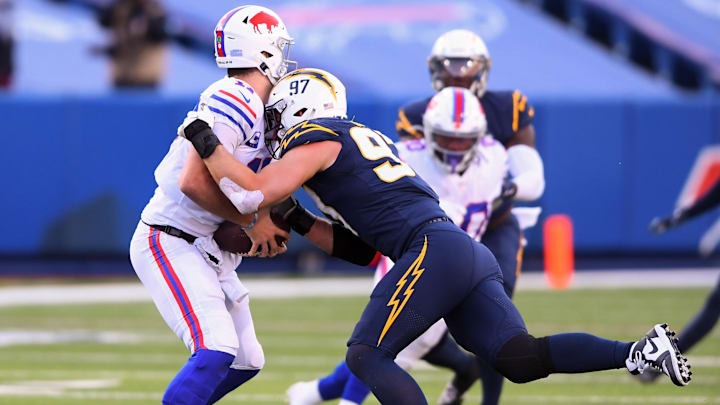 Nov 29, 2020; Los Angeles Chargers defensive end Joey Bosa (97) sacks Buffalo Bills quarterback Josh Allen (17) Nov 29, 2020; Los Angeles Chargers defensive end Joey Bosa (97) sacks Buffalo Bills quarterback Josh Allen (17)