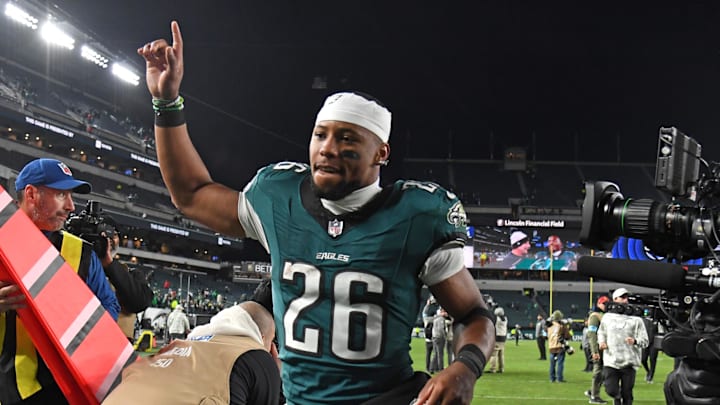 Nov 14, 2024; Philadelphia, Pennsylvania, USA; Philadelphia Eagles running back Saquon Barkley (26) runs off the field after win against the Washington Commanders at Lincoln Financial Field.  
