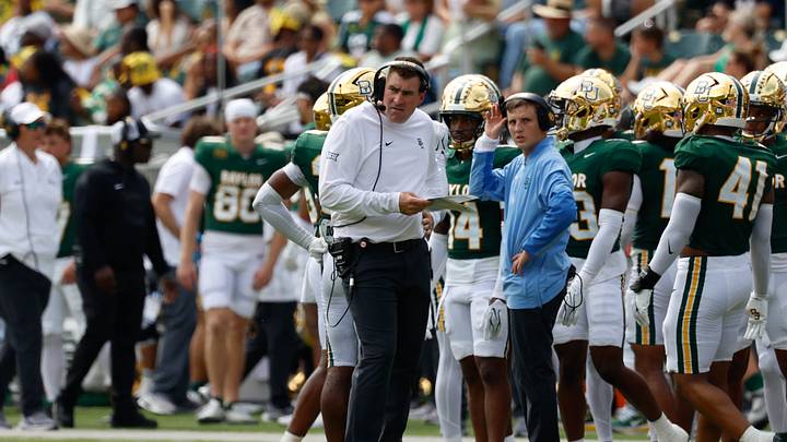 Sep 26, 2026; Waco, Texas, USA;  Baylor Bears assistant coach Jake Spavital looks on during the second half against the Colorado Buffaloes at McLane Stadium.  Mandatory Credit: Chris Jones-Imagn Images