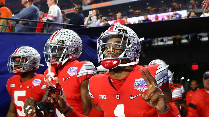 Dec 28, 2019; Glendale, AZ, USA; Ohio State Buckeyes cornerback Jeff Okudah (1) during the 2019 Fiesta Bowl college football playoff semifinal game against the Clemson Tigers at State Farm Stadium. Mandatory Credit: Mark J. Rebilas-Imagn Images