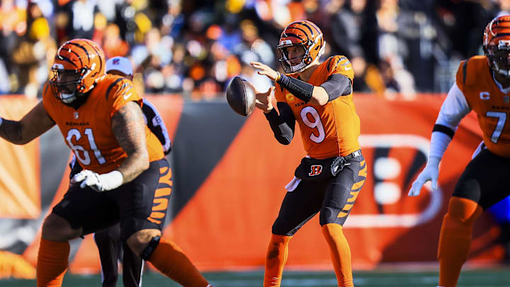 Dec 1, 2024; Cincinnati, Ohio, USA; Cincinnati Bengals quarterback Joe Burrow (9) snaps the ball against the Pittsburgh Steelers in the first half at Paycor Stadium. Mandatory Credit: Katie Stratman-Imagn Images