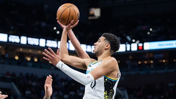 Apr 10, 2025; Indianapolis, Indiana, USA; Indiana Pacers guard Tyrese Haliburton (0) shoots the ball in the second half against the Cleveland Cavaliers at Gainbridge Fieldhouse. Mandatory Credit: Trevor Ruszkowski-Imagn Images