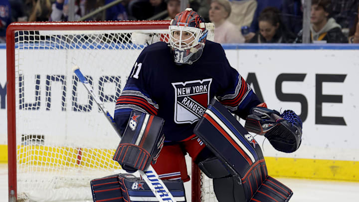 Dec 6, 2024; New York, New York, USA; New York Rangers goaltender Igor Shesterkin (31) tends net against the Pittsburgh Penguins during the second period at Madison Square Garden. Mandatory Credit: Brad Penner-Imagn Images Dec 6, 2024; New York, New York, USA; New York Rangers goaltender Igor Shesterkin (31) tends net against the Pittsburgh Penguins during the second period at Madison Square Garden. Mandatory Credit: Brad Penner-Imagn Images