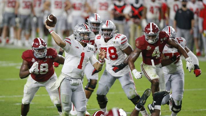 Ohio State Buckeyes quarterback Justin Fields (1) throws an incomplete pass on fourth down during the fourth quarter of the College Football Playoff National Championship against the Alabama Crimson Tide at Hard Rock Stadium in Miami Gardens, Fla. Ohio State Buckeyes quarterback Justin Fields (1) throws an incomplete pass on fourth down during the fourth quarter of the College Football Playoff National Championship against the Alabama Crimson Tide at Hard Rock Stadium in Miami Gardens, Fla.