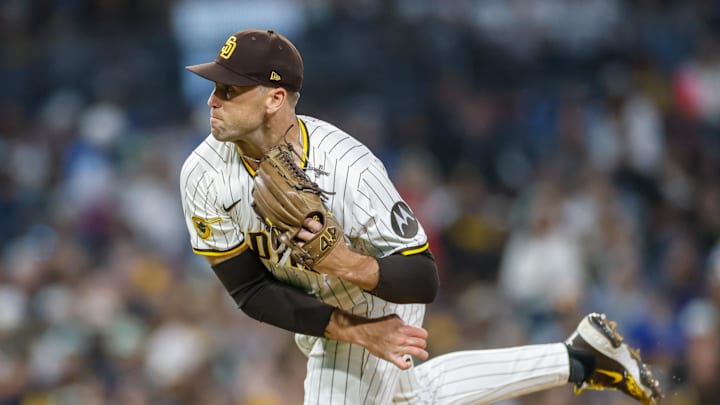 Jun 24, 2025; San Diego, California, USA; San Diego Padres relief pitcher Jason Adam (40) throws a pitch during the sixth inning against the Washington Nationals at Petco Park. Mandatory Credit: David Frerker-Imagn Images