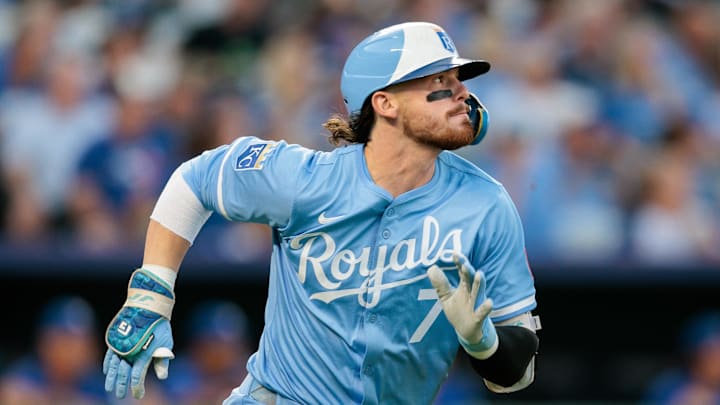 Sep 20, 2025; Kansas City, Missouri, USA;  Kansas City Royals shortstop Bobby Witt Jr. (7) runs to first base during the fifth inning against the Toronto Blue Jays at Kauffman Stadium.