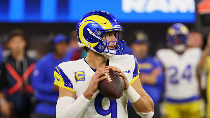 Nov 23, 2025; Inglewood, California, USA; Los Angeles Rams quarterback Matthew Stafford (9) looks to pass the ball against the Tampa Bay Buccaneers during the second quarter at SoFi Stadium. Mandatory Credit: Kiyoshi Mio-Imagn Images