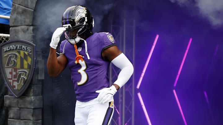 Dec 7, 2025; Baltimore, Maryland, USA; Baltimore Ravens cornerback Chidobe Awuzie (3) runs onto the field before the game against the Pittsburgh Steelers at M&T Bank Stadium. Mandatory Credit: Peter Casey-Imagn Images