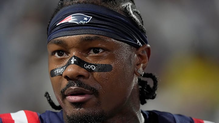New England Patriots wide receiver Stefon Diggs talks with a sidelines reporter before the Bills home game against the New England Patriots at Highmark Stadium in Orchard Park on Oct. 5, 2025.
