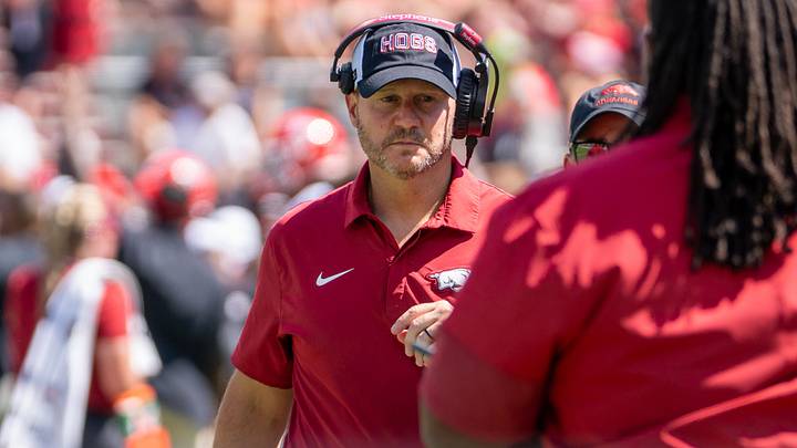 Arkansas Razorback coach Ryan Silverfield paces the sideline during a game against Georgia Bulldogs on Sept. 19, 2026. Arkansas Razorback coach Ryan Silverfield paces the sideline during a game against Georgia Bulldogs on Sept. 19, 2026.