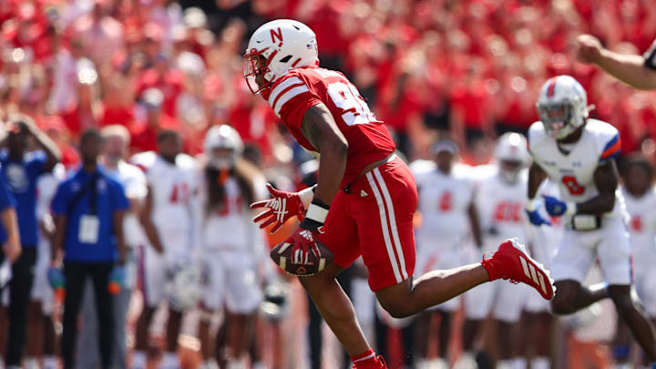 Nebraska defensive end Williams Nwaneri picks up a Houston Christian fumble and returns it 29 yards for a touchdown.
