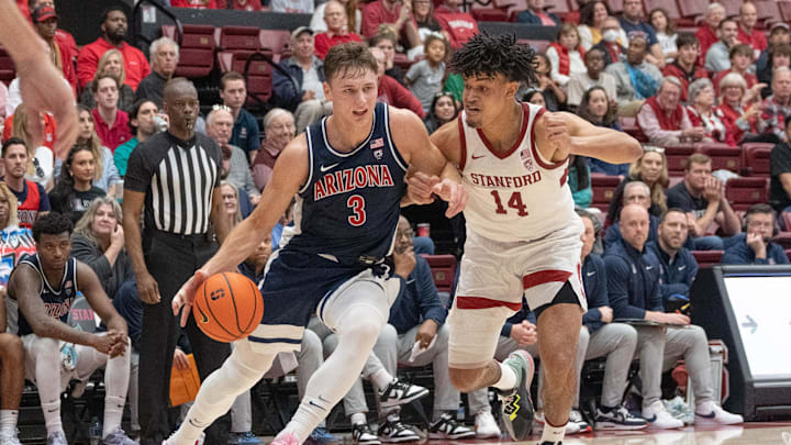 Dec 31, 2023; Stanford, California, USA; Arizona Wildcats guard Pelle Larsson (3) controls the ball