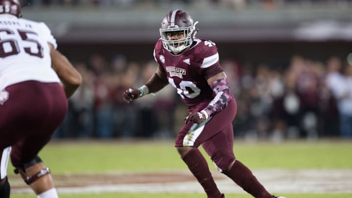 MississippI State LB Erroll Thompson in action in a NCAA college football game between Texas A&M and Mississippi State Saturday, Oct. 27, 2018, in Starkville,MS.

Dsc2852