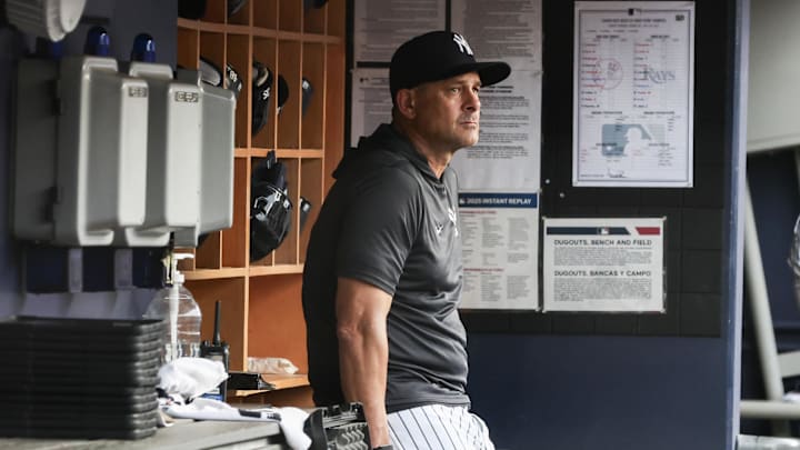 Jul 30, 2025; Bronx, New York, USA;  New York Yankees manager Aaron Boone (17) at Yankee Stadium. Mandatory Credit: Wendell Cruz-Imagn Images