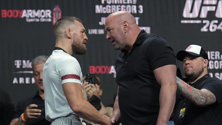 Jul 9, 2021; Las Vegas, Nevada, USA; Conor McGregor is greeted by UFC president Dana White during weigh ins for UFC 264 at T-Mobile Arena. Mandatory Credit: Gary A. Vasquez-Imagn Images