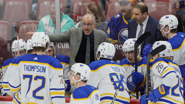 Apr 4, 2023; Sunrise, Florida, USA; Buffalo Sabres head coach Don Granato talks to his players