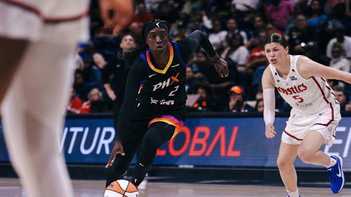 Jul 27, 2025; Washington, District of Columbia, USA; Phoenix Mercury guard Kahleah Copper (2) dribbles the ball while Washington Mystics guard Jade Melbourne (5) defends in the third quarter at CareFirst Arena. Mandatory Credit: Emily Faith Morgan-Imagn Images