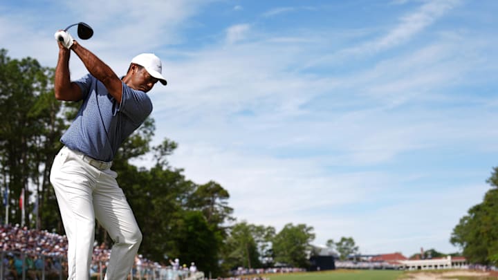 Tiger Woods tees off on the 18th hole during a practice round for the 2024 U.S. Open.