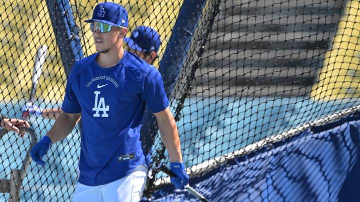 Apr 1, 2026; Los Angeles, California, USA;  Los Angeles Dodgers Tommy Edman (25) takes live batting practice prior to the game against the Cleveland Guardians at Dodger Stadium. Mandatory Credit: Jayne Kamin-Oncea-Imagn Images