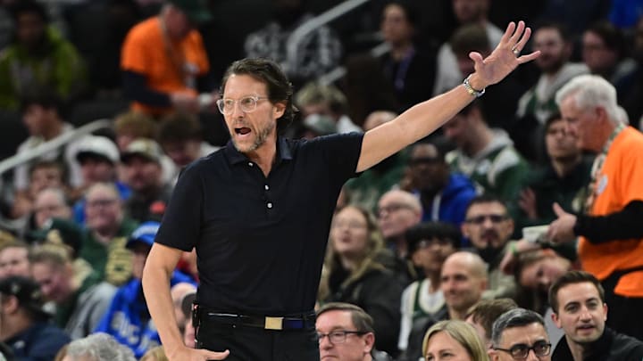 Mar 4, 2026; Milwaukee, Wisconsin, USA; Atlanta Hawks head coach Quin Snyder calls a play in the second quarter against the Milwaukee Bucks at Fiserv Forum. Mandatory Credit: Benny Sieu-Imagn Images