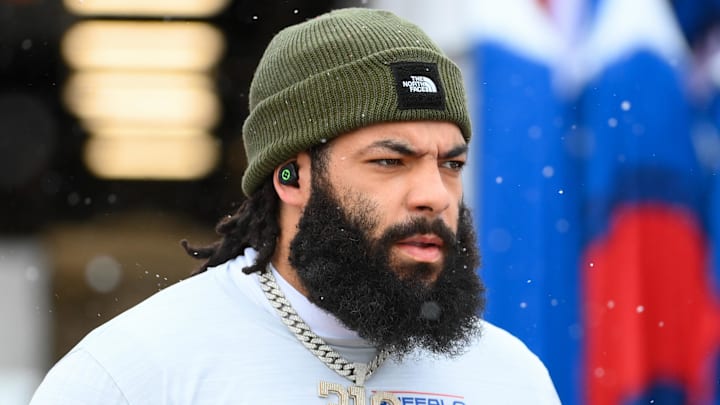 Jan 2, 2022; Orchard Park, New York, USA; Buffalo Bills guard Cody Ford (74) prior to the game against the Atlanta Falcons at Highmark Stadium. Mandatory Credit: Rich Barnes-Imagn Images