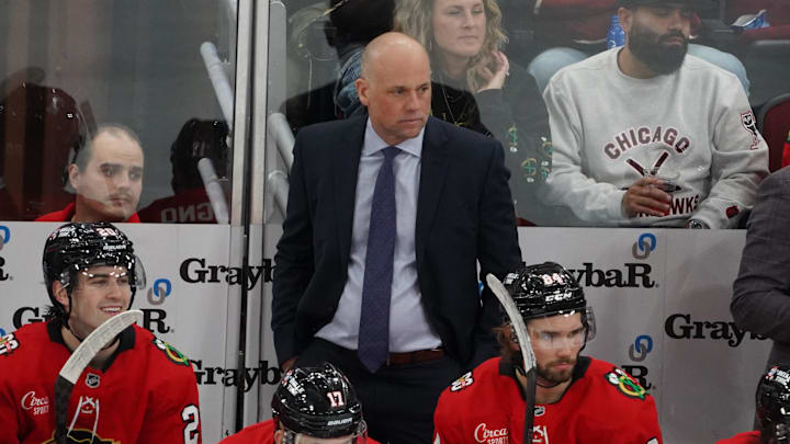 Jan 1, 2026; Chicago, Illinois, USA; Chicago Blackhawks head coach Jeff Blashill behind the bench against the Dallas Stars during the third period at United Center. Mandatory Credit: David Banks-Imagn Images Jan 1, 2026; Chicago, Illinois, USA; Chicago Blackhawks head coach Jeff Blashill behind the bench against the Dallas Stars during the third period at United Center. Mandatory Credit: David Banks-Imagn Images