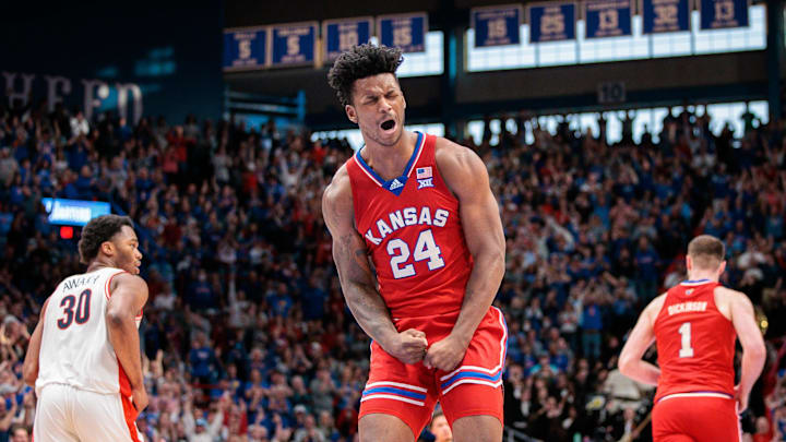 Mar 8, 2025; Lawrence, Kansas, USA; Kansas Jayhawks forward KJ Adams Jr. (24) reacts after a play during the second half against the Arizona Wildcats at Allen Fieldhouse. Mandatory Credit: William Purnell-Imagn Images