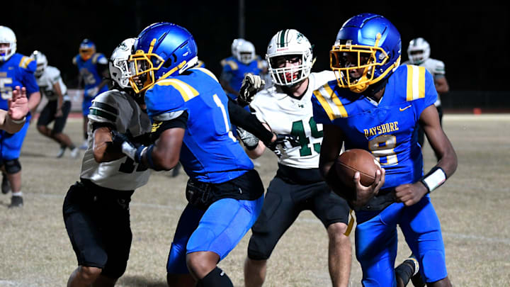 Bayshore Bruins' Keshawn Parhm (#8). Bayshore Bruins hosted the Lakewood Ranch Mustangs on Friday Nov. 1, 2024. The Mustangs won 26-0 over the Bruins at Balvanz Stadium in Bradenton. Bayshore Bruins' Keshawn Parhm (#8). Bayshore Bruins hosted the Lakewood Ranch Mustangs on Friday Nov. 1, 2024. The Mustangs won 26-0 over the Bruins at Balvanz Stadium in Bradenton.