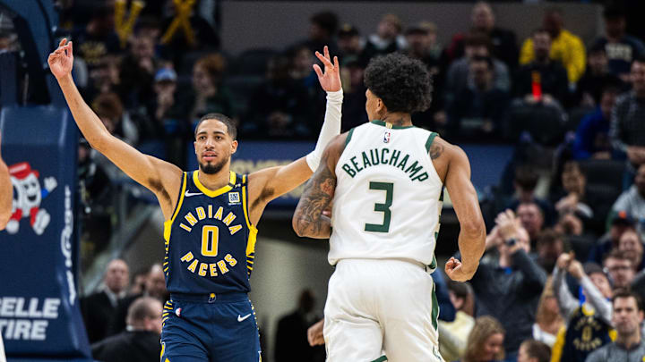 Jan 3, 2024; Indianapolis, Indiana, USA; Indiana Pacers guard Tyrese Haliburton (0) celebrates a