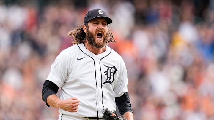 Detroit Tigers pitcher Jason Foley (68) celebrates striking out Tampa Bay Rays center fielder Jose Siri (22) during the ninth inning at Comerica Park in Detroit on Thursday, Sept. 26, 2024.