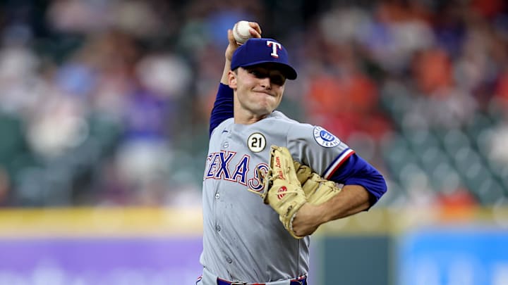 Sep 15, 2025; Houston, Texas, USA; Texas Rangers starting pitcher Jack Leiter (35) delivers a pitch against the Houston Astros during the first inning at Daikin Park. Sep 15, 2025; Houston, Texas, USA; Texas Rangers starting pitcher Jack Leiter (35) delivers a pitch against the Houston Astros during the first inning at Daikin Park.