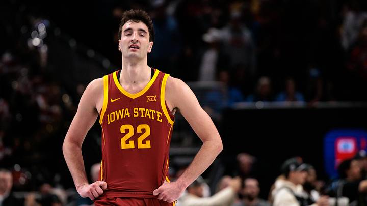 Mar 13, 2026; Kansas City, MO, USA; Iowa State Cyclones forward Milan Momcilovic (22) reacts at the end of the game against the Arizona Wildcats at T-Mobile Center. Mandatory Credit: William Purnell-Imagn Images