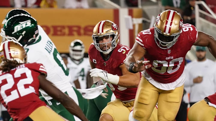 Sep 9, 2024; Santa Clara, California, USA; San Francisco 49ers defensive end Nick Bosa (97) pursues a New York Jets opponent in the fourth quarter at Levi's Stadium. Mandatory Credit: David Gonzales-Imagn Images Sep 9, 2024; Santa Clara, California, USA; San Francisco 49ers defensive end Nick Bosa (97) pursues a New York Jets opponent in the fourth quarter at Levi's Stadium. Mandatory Credit: David Gonzales-Imagn Images