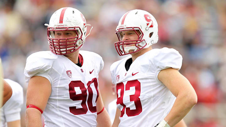 Sep 14, 2013; West Point, NY, USA; Stanford Cardinal linebacker Trent Murphy (93) and defensive end Josh Mauro (90) at Michie Stadium. Mandatory Credit: Danny Wild-Imagn Images