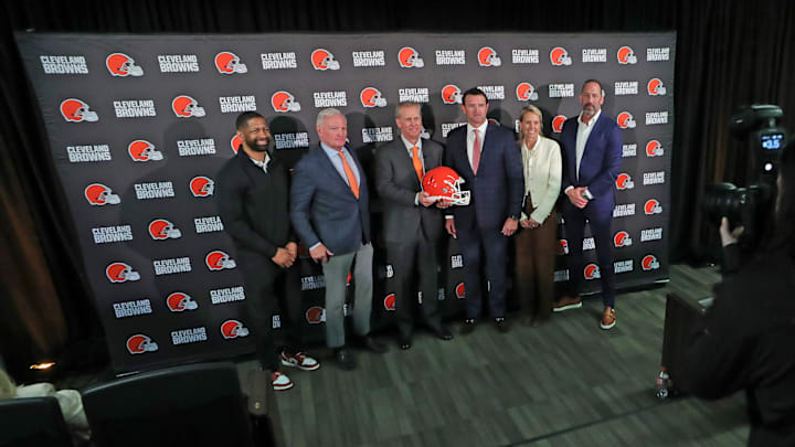 New Browns head coach Todd Monken, center, poses with members of the ownership group following his introductory press conference at the Cleveland Browns training facility, Feb. 3, 2026, in Berea, Ohio. New Browns head coach Todd Monken, center, poses with members of the ownership group following his introductory press conference at the Cleveland Browns training facility, Feb. 3, 2026, in Berea, Ohio.