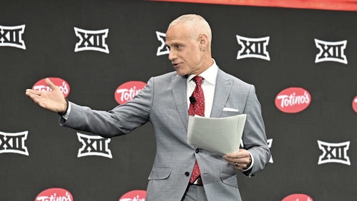Jul 9, 2024; Las Vegas, NV, USA; Big 12 Conference commissioner Brett Yormark speaks to the media during the Big 12 Media Days at Allegiant Stadium. Mandatory Credit: Candice Ward-Imagn Images