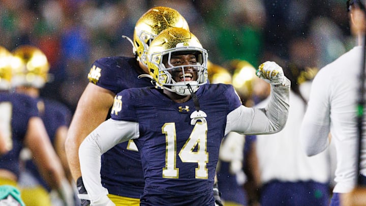 Notre Dame cornerback Dallas Golden (14) celebrates after a Southern California turnover in the second half of a NCAA football game at Notre Dame Stadium on Saturday, Oct. 18, 2025, in South Bend. Notre Dame cornerback Dallas Golden (14) celebrates after a Southern California turnover in the second half of a NCAA football game at Notre Dame Stadium on Saturday, Oct. 18, 2025, in South Bend.