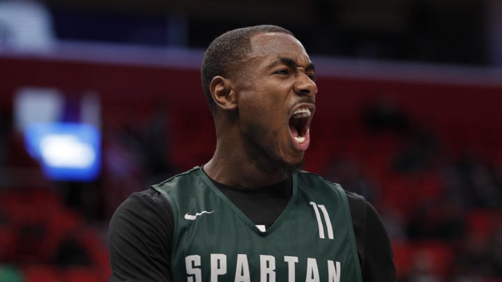 Mar 15, 2018; Detroit, MI, USA; Michigan State Spartans guard Lourawls Nairn Jr. (11) reacts during the practice day before the first round of the 2018 NCAA Tournament at Little Caesars Arena. Mandatory Credit: Raj Mehta-USA TODAY Sports
