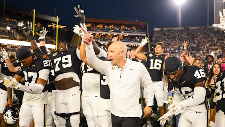 Oct 25, 2025; Nashville, Tennessee, USA;  Vanderbilt Commodores celebrate the win against the Missouri Tigers during the second half at FirstBank Stadium. Mandatory Credit: Steve Roberts-Imagn Images