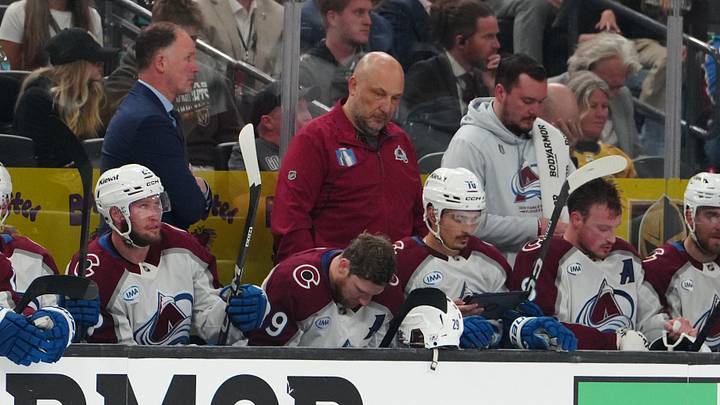 May 24, 2026; Las Vegas, Nevada, USA; Colorado Avalanche center Nathan MacKinnon (29) recovers on the bench after an injury during the second period against the Vegas Golden Knights in game three of the Western Conference Final of the 2026 Stanley Cup Playoffs at T-Mobile Arena. Mandatory Credit: Stephen R. Sylvanie-Imagn Images