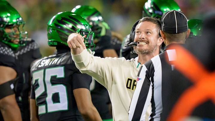 Oregon Ducks head coach Dan Lanning talks to the officials as the Oregon Ducks host the Nebraska Cornhuskers on Oct. 17, 2026, at Autzen Stadium in Eugene, Oregon.