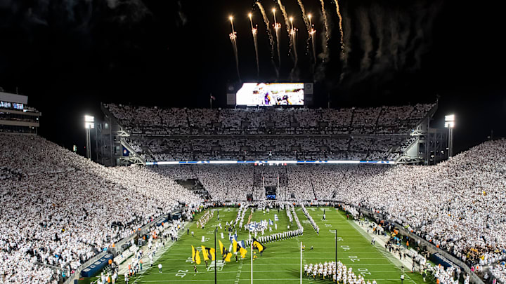 The Penn State Nittany Lions and Iowa Hawkeyes take the field for the 2023 White Out game at Beaver Stadium.