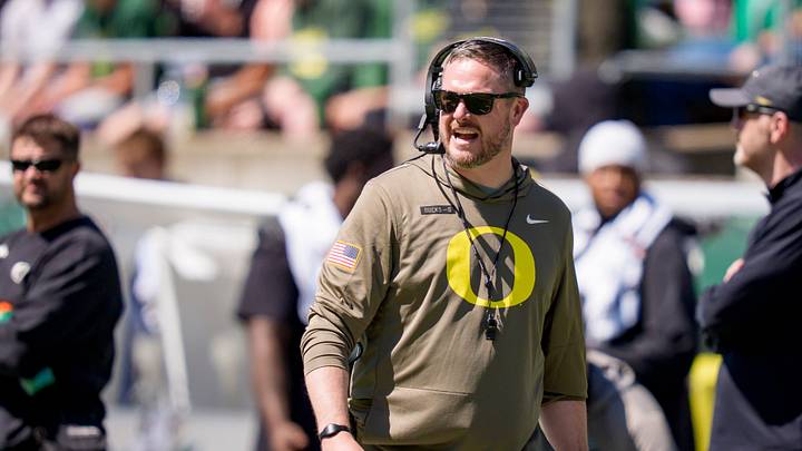 Oregon head coach Dan Lanning walks the field during the Oregon Ducks annual spring game on April 25, 2026 at Autzen Stadium in Eugene, Oregon.