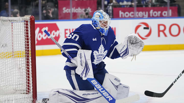 Apr 3, 2024; Toronto, Ontario, CAN; Toronto Maple Leafs goaltender Joseph Woll (60) goes to make a
