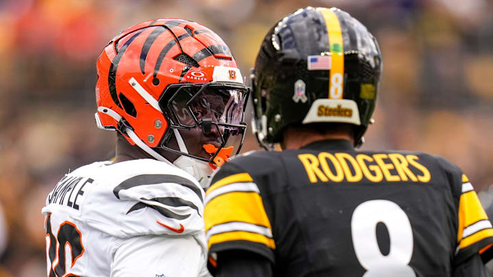 Cincinnati Bengals defensive end Cam Sample (96) and Pittsburgh Steelers quarterback Aaron Rodgers (8) exchange words after a play in the first quarter of the NFL Week 11 game between the Pittsburgh Steelers and the Cincinnati Bengals at Acrisure Stadium in Pittsburgh on Sunday, Nov. 16, 2025. The Steelers led 10-6 at halftime.